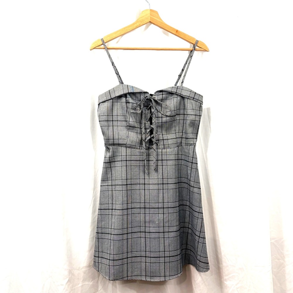 Charlotte‎ Russe Grey & Black Plaid Mini Dress, Lace-Up Bustier-Size M
